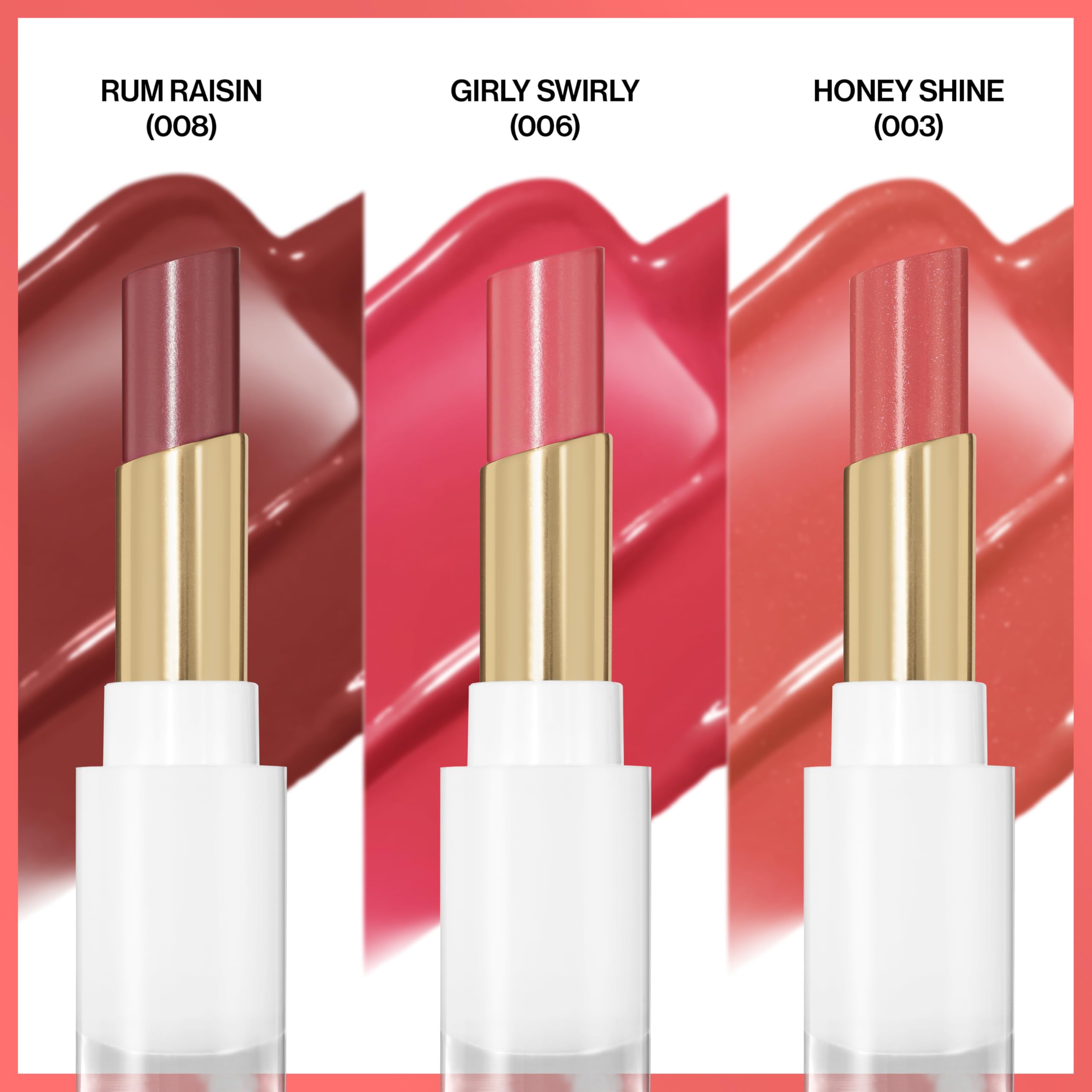 REVLON Glass Shine Balm Rum Raisin swatch demonstrates bold glossy tint with moisturizing comfort.