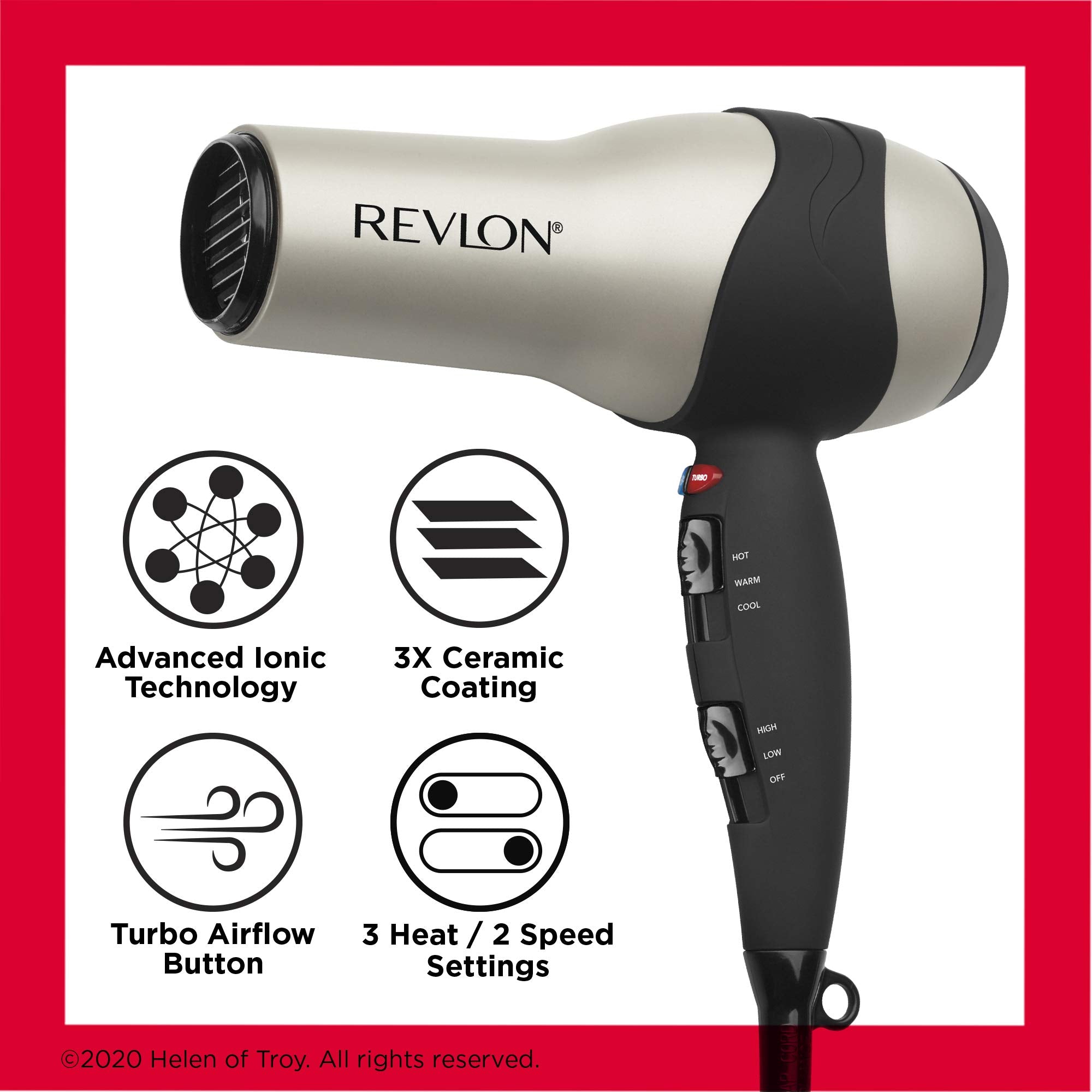 REVLON Turbo Hair Dryer turbo airflow button speeds up drying for busy mornings.