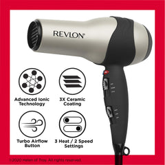 REVLON Turbo Hair Dryer turbo airflow button speeds up drying for busy mornings.