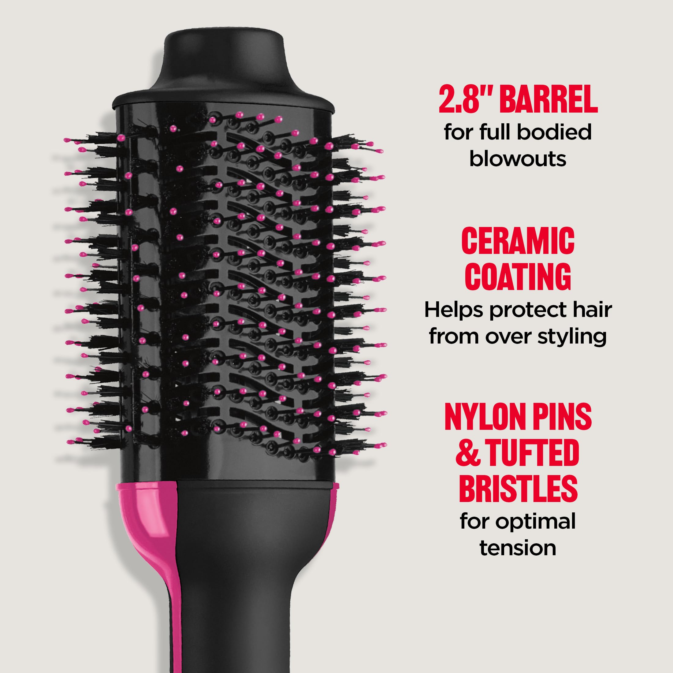 REVLON size comparison with a hand to show the 2.8 inch barrel coverage benefit