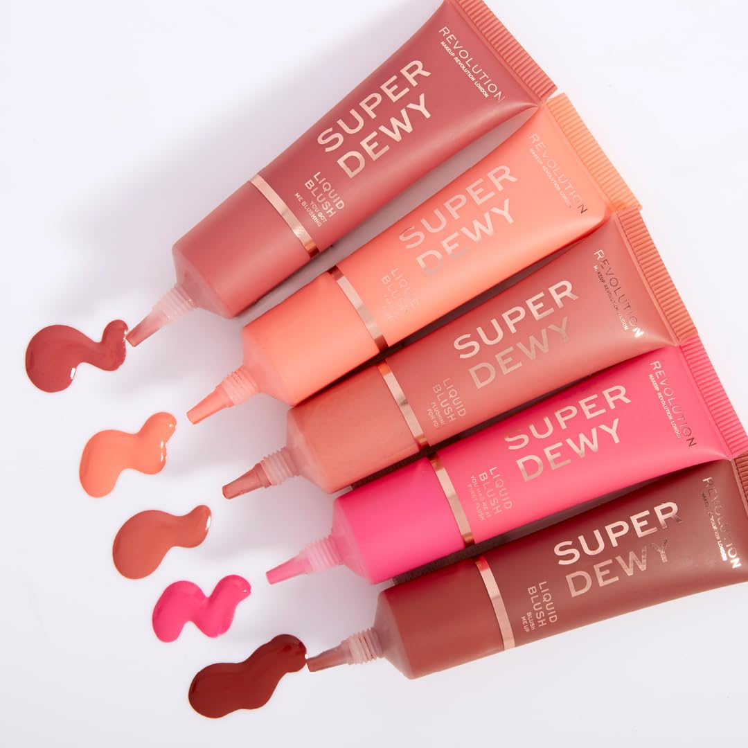 Revolution Beauty London Superdewy Liquid Blush Blush Me Up swatch builds warm cocoa depth.