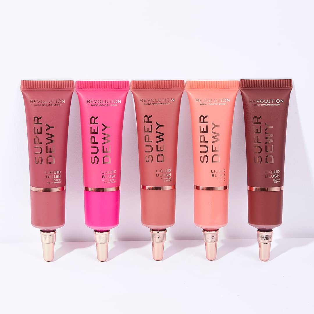 Revolution Beauty London Superdewy Liquid Blush packaging and swatches showcase the shade range.
