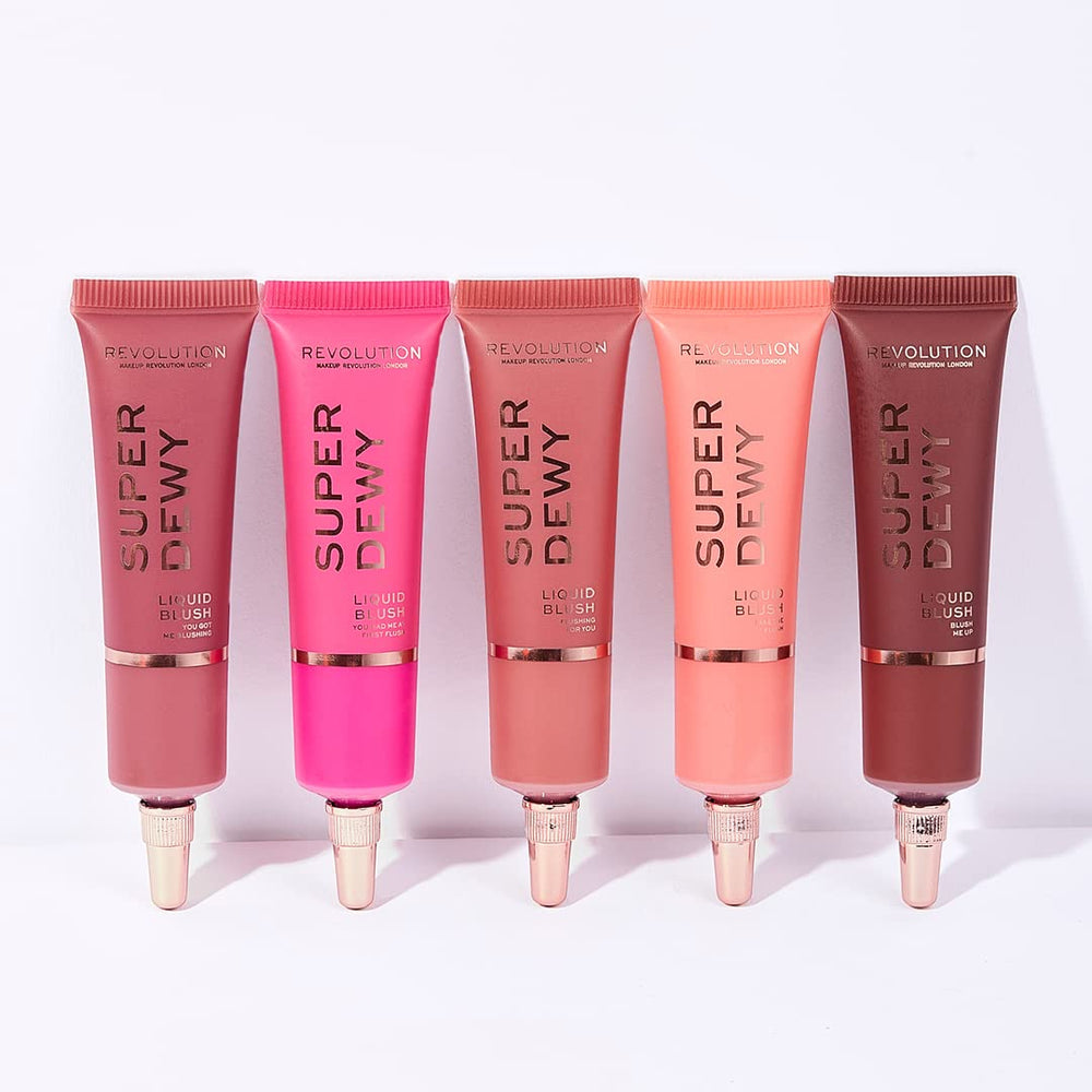 Revolution Beauty London Superdewy Liquid Blush packaging and swatches showcase the shade range.