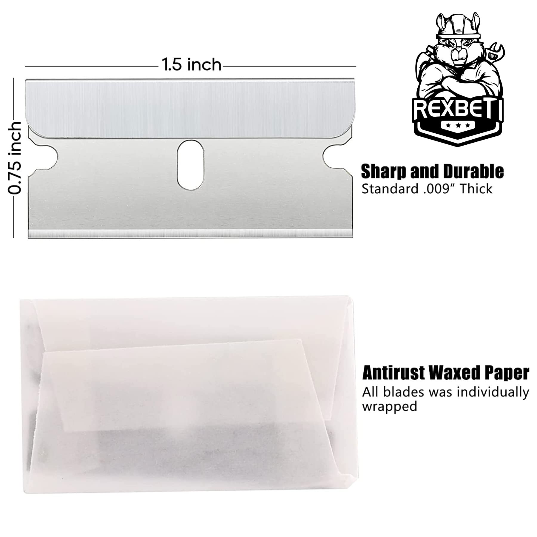 REXBETI single-edge blades close-up shows durable steel construction for sharp performance.