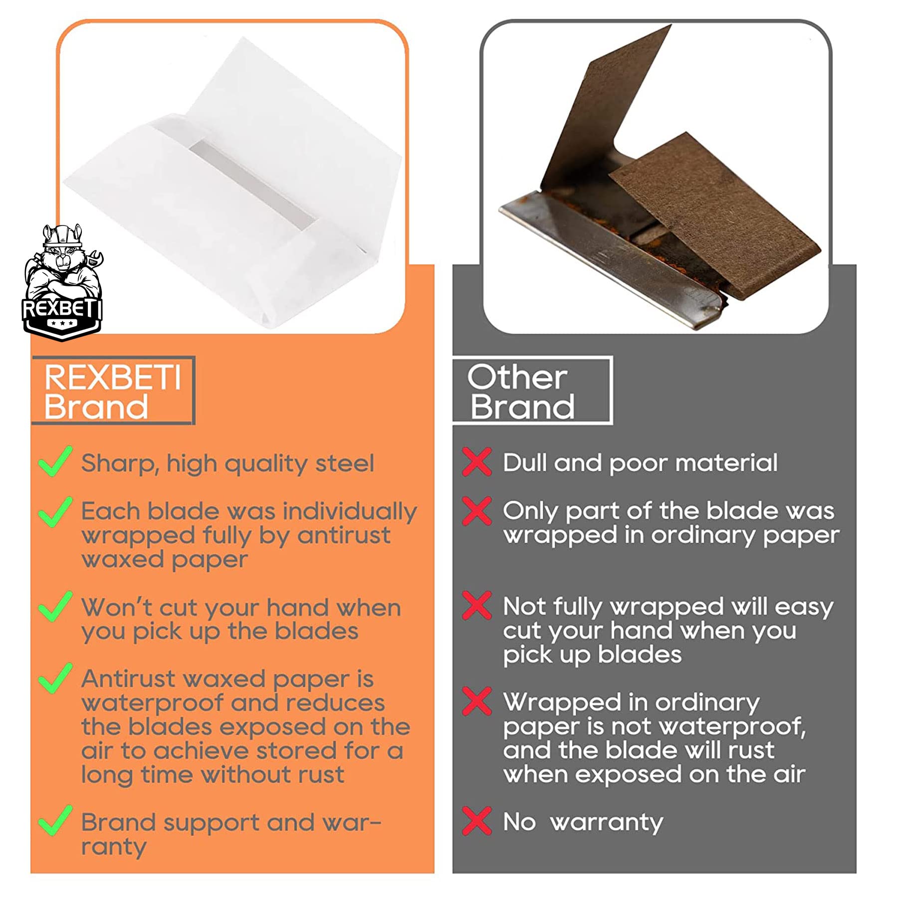 REXBETI blades removing stickers and decals from glass surfaces.