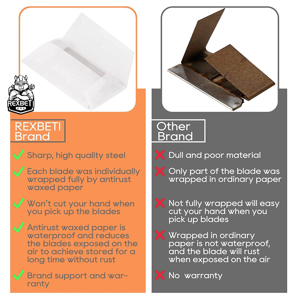 REXBETI blades removing stickers and decals from glass surfaces.