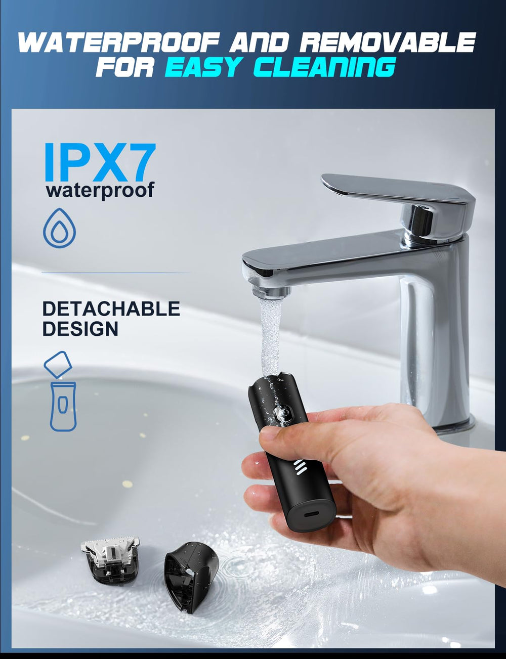 REYOLL IPX7 waterproof blade being rinsed under water enables easy cleaning.