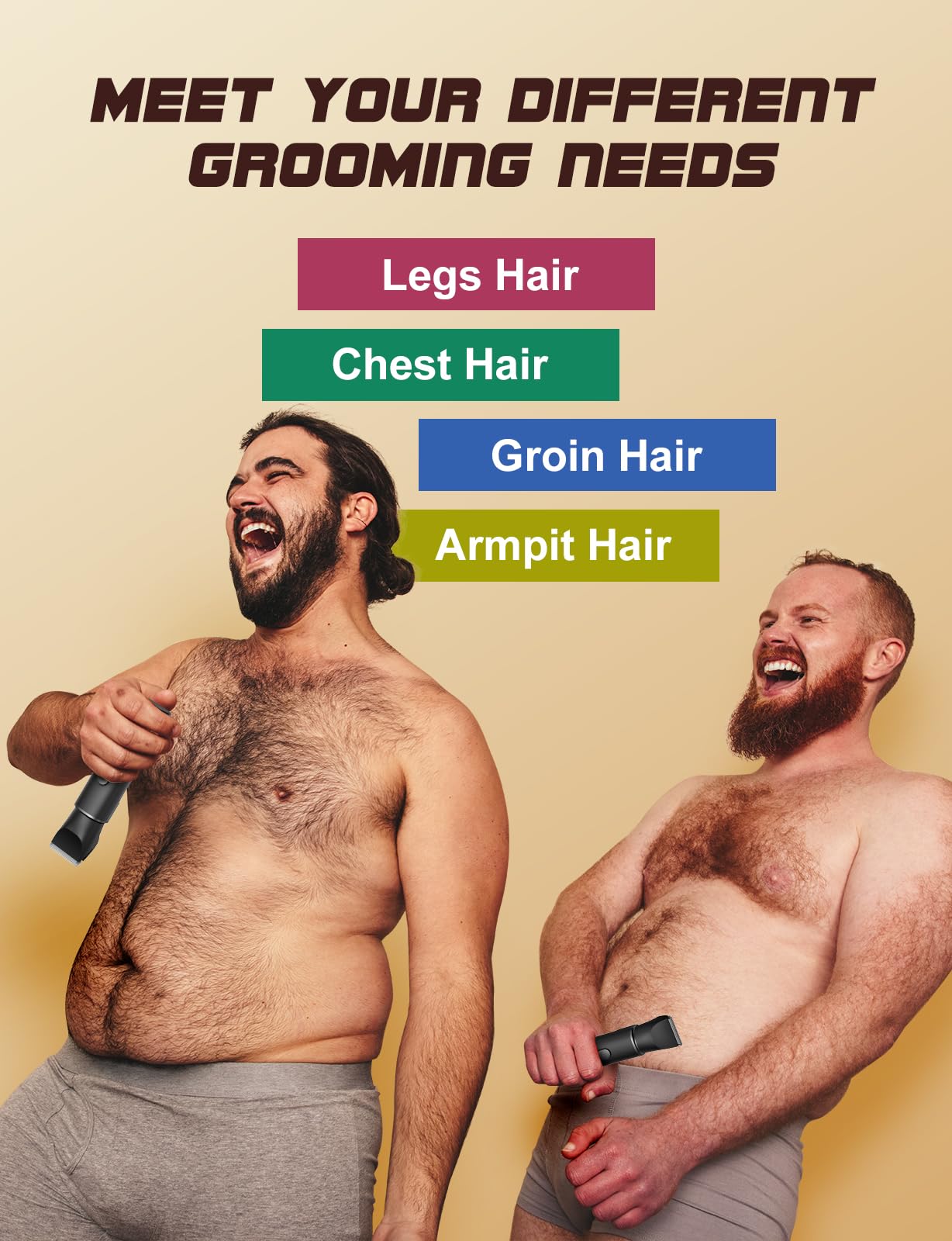 REYOLL trimmer interchangeable heads closeup shows versatile beard and body grooming options.