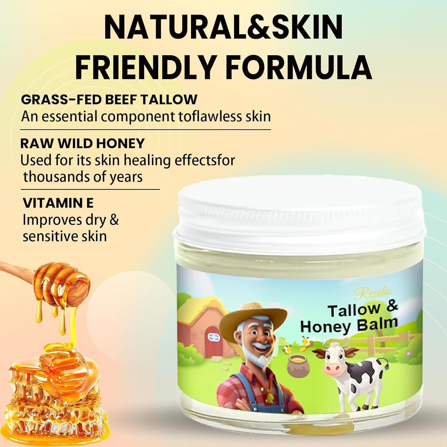 rezebu tallow and honey balm ingredients photo featuring grass-fed tallow and raw honey