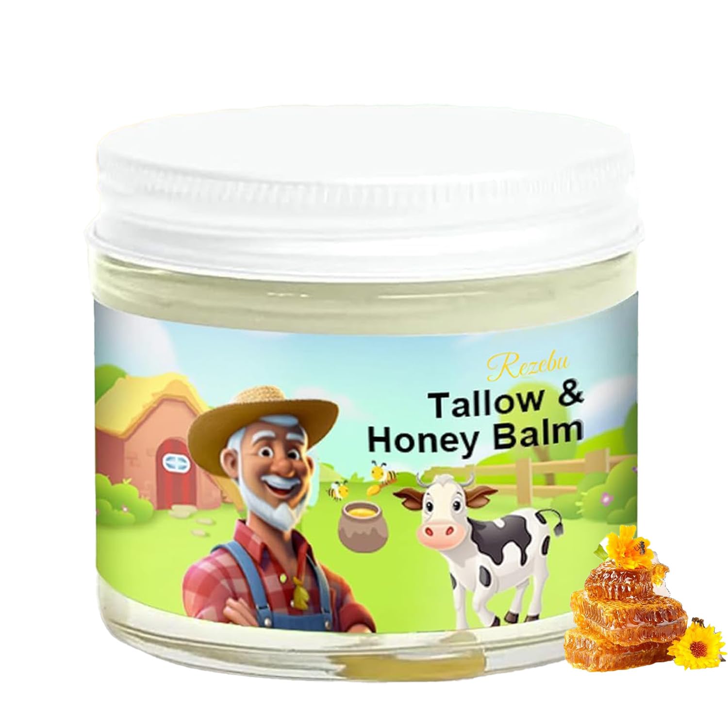 rezebu tallow and honey balm packaging showing natural ingredients for daily hydration