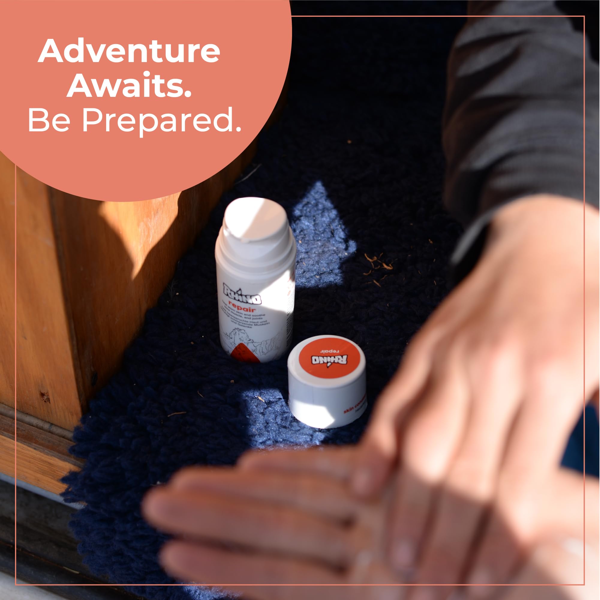 Rhino Skin Solutions Repair Cream application on elbow/hand demonstrates versatile use case.