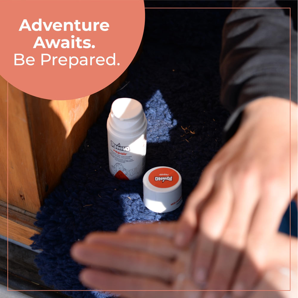 Rhino Skin Solutions Repair Cream application on elbow/hand demonstrates versatile use case.
