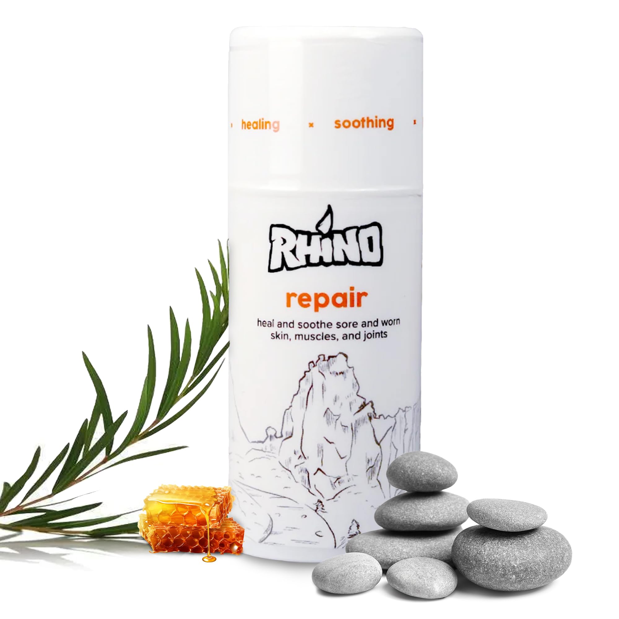 Rhino Skin Solutions Repair Cream bottle shows cooling, fast-absorbing relief for sore skin.