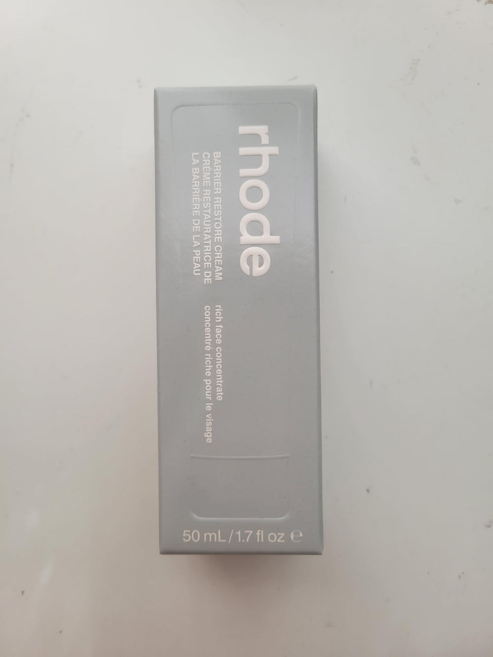 Rhode Barrier Restore Cream packaging shot emphasizes clean design and easy use.