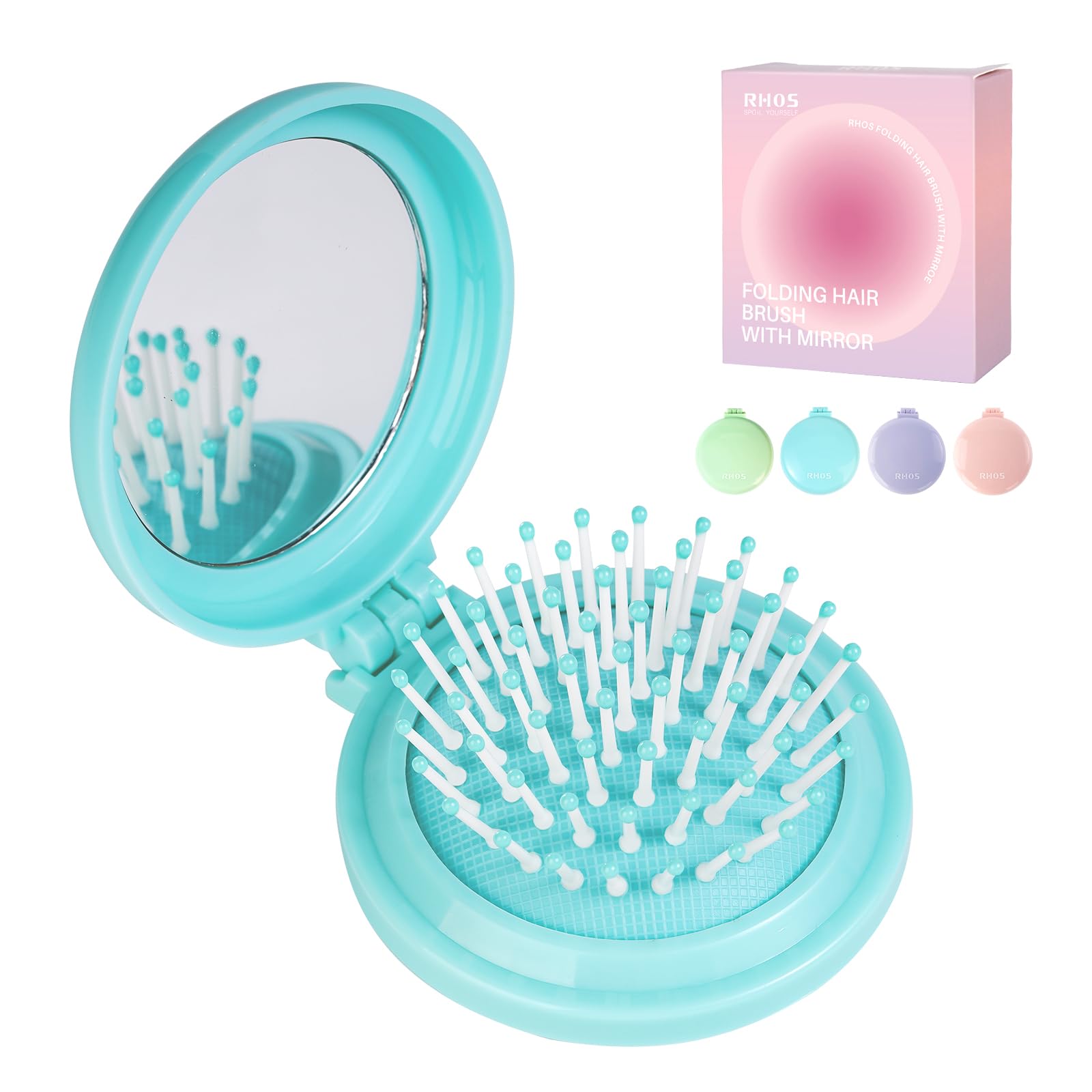 RHOS folding brush with mirror in blue, compact for on-the-go grooming.
