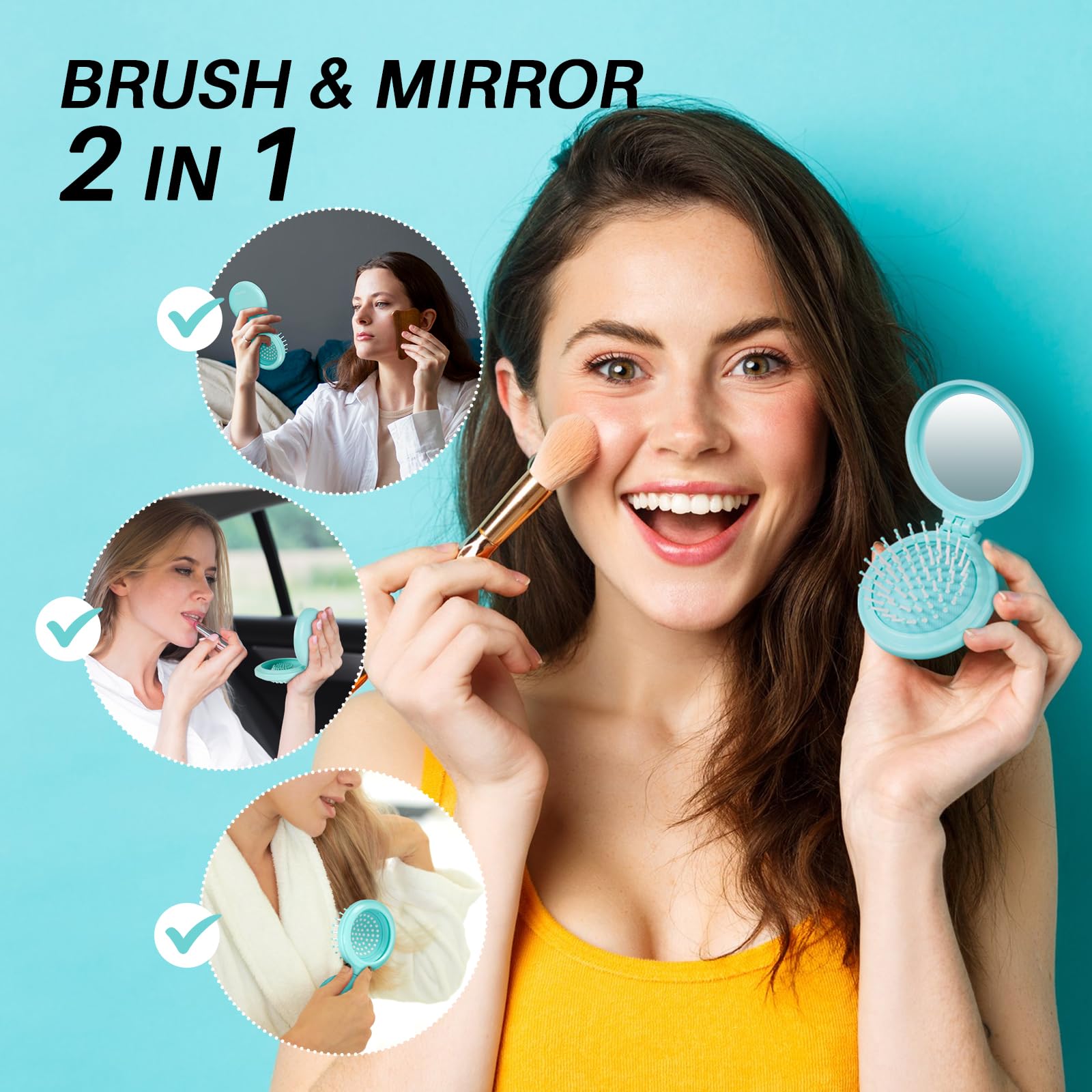 RHOS folding brush open with mirror exposed for quick checks.