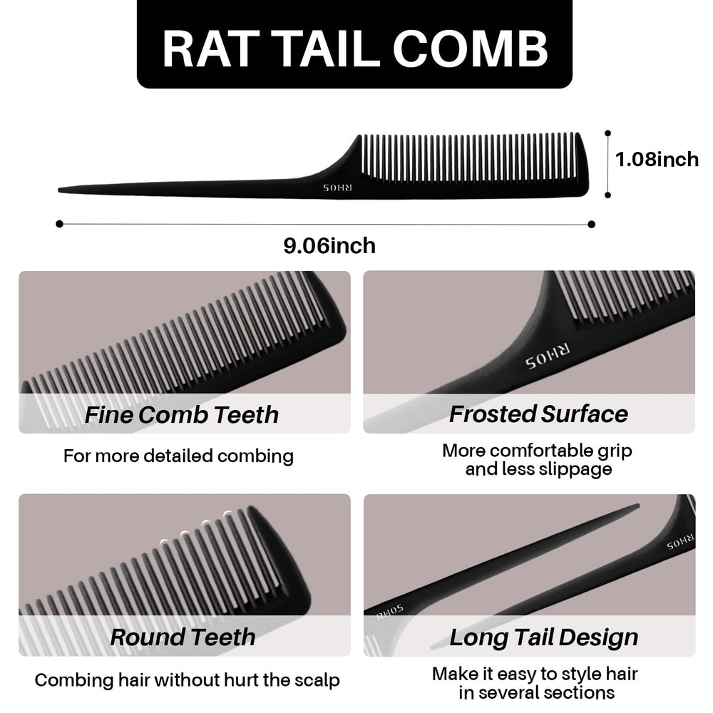 RHOS rat tail comb with fine teeth for smooth detangling and controlled volume.