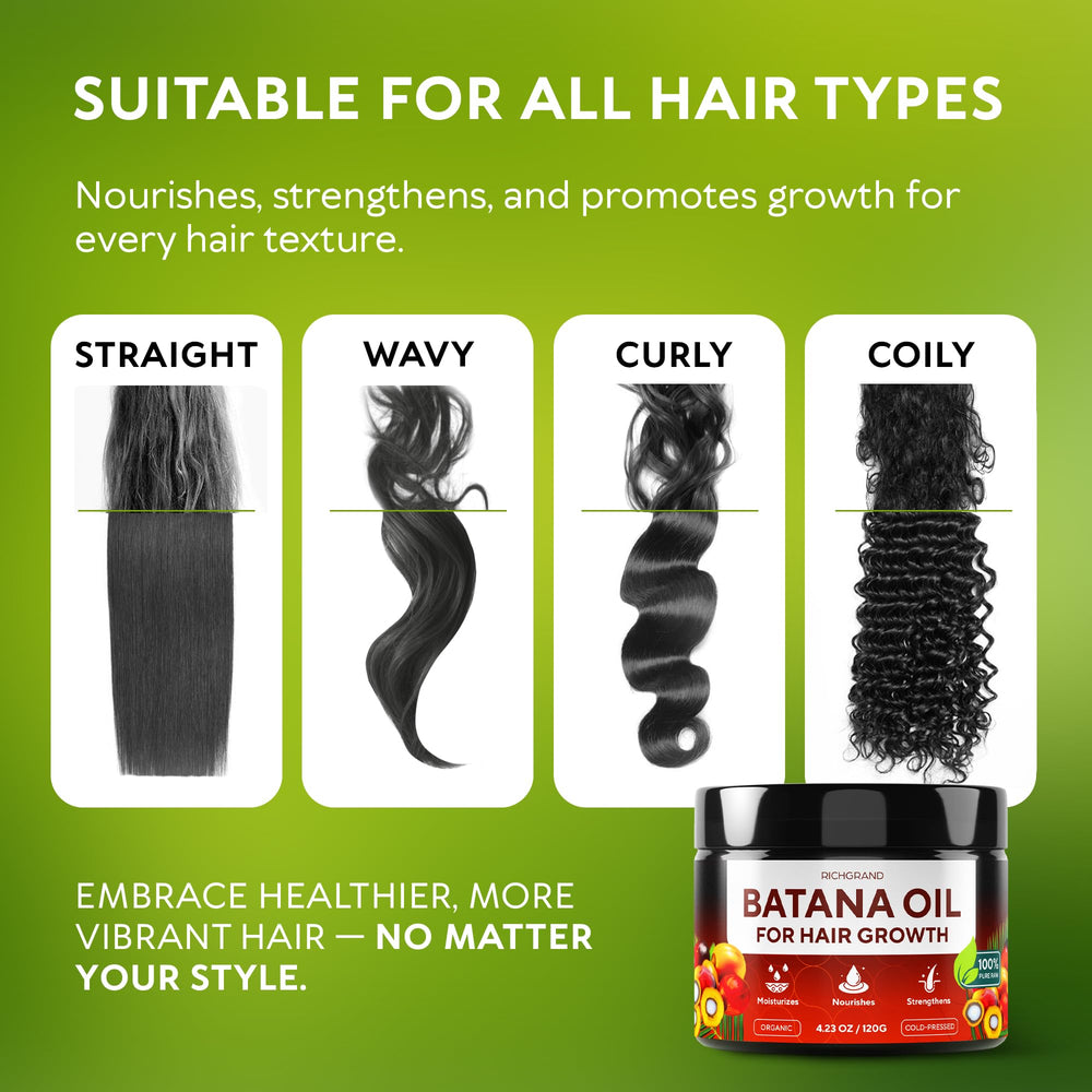RICHGRAND Batana Oil finish shot suggests versatile use as pre-shampoo or leave-in.