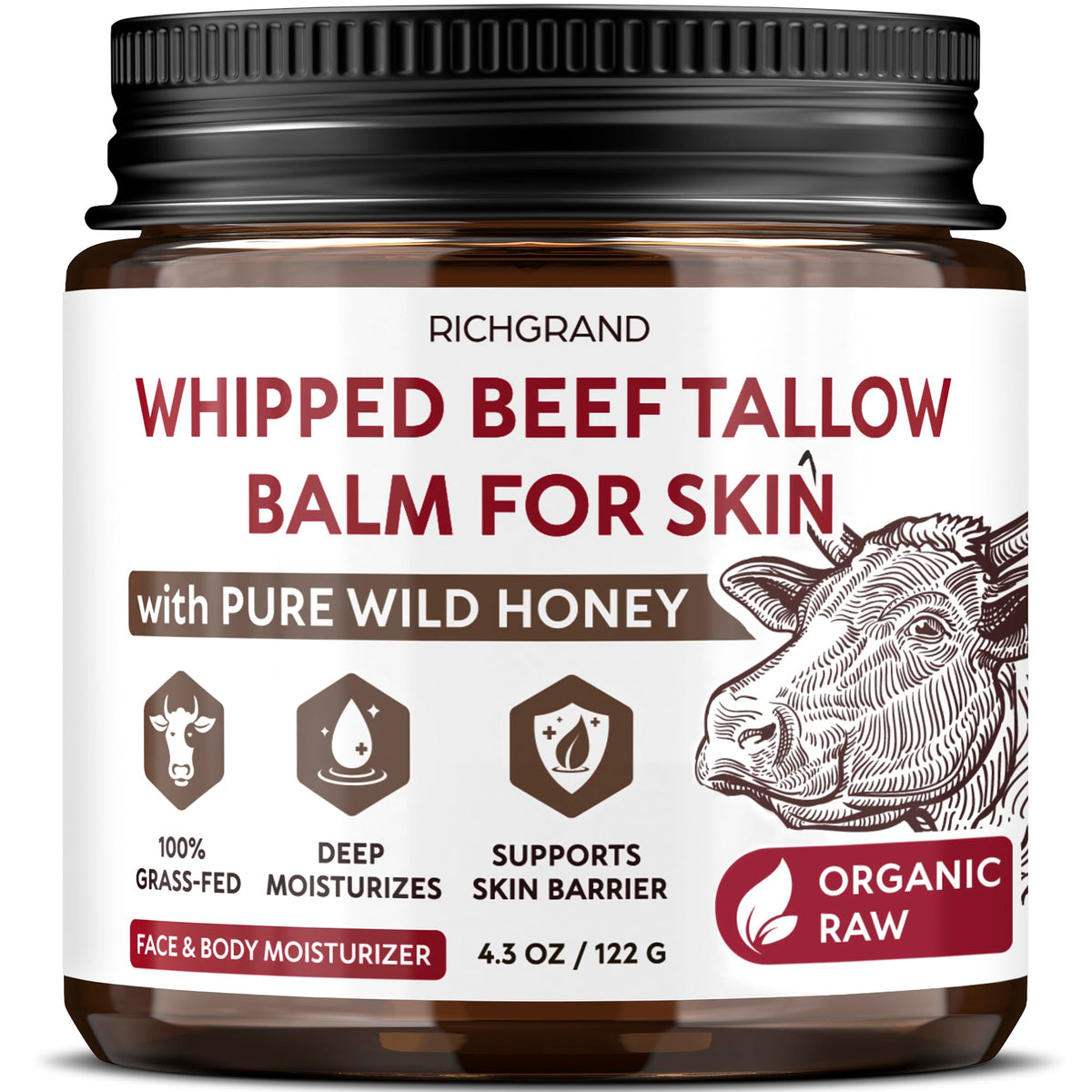 RICHGRAND beef tallow jar close-up with whipped texture for hydration