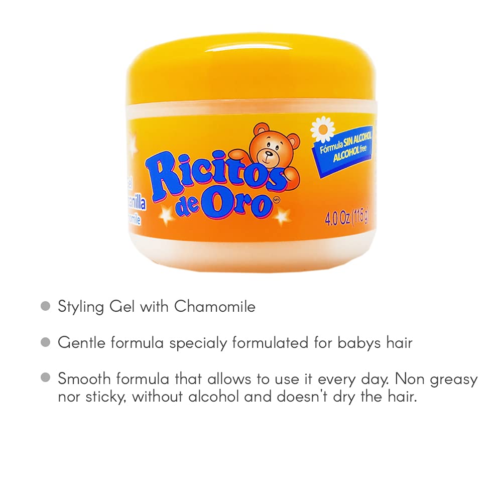 Ricitos de Oro Chamomile Styling Gel brand-logo shot reinforces trusted baby-care choice.