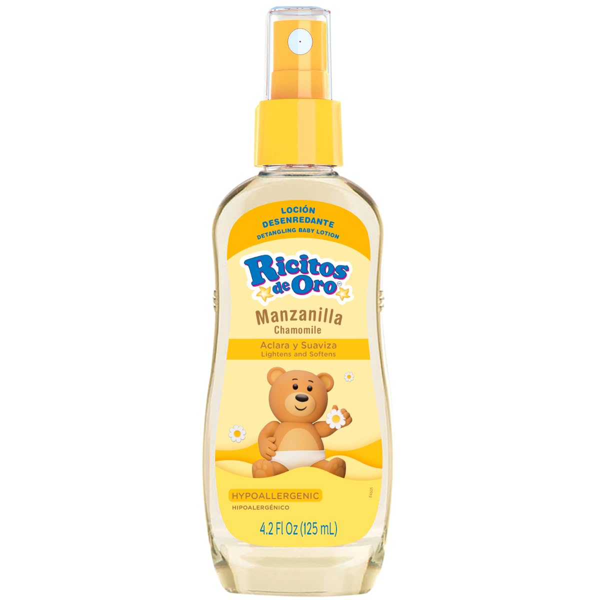 Ricitos de Oro Clarifying Lotion Chamomile Goldilocks 125 ml bottle close-up demonstrates gentle lightening.