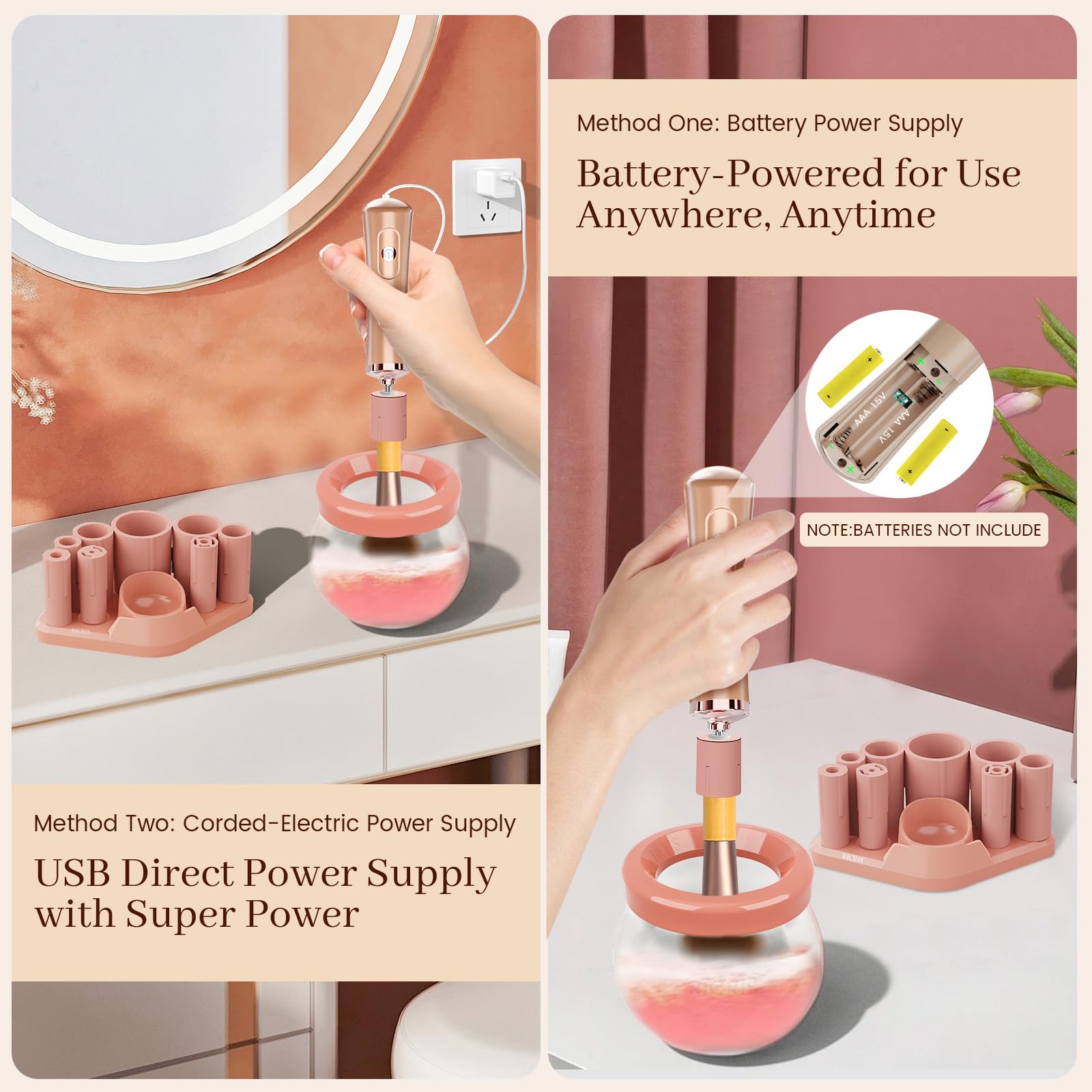 RICRIS dual power options show USB and battery modes for on-the-go cleaning.