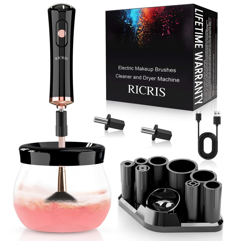 RICRIS electric makeup brush-cleaner machine front view shows quick cleaning in seconds