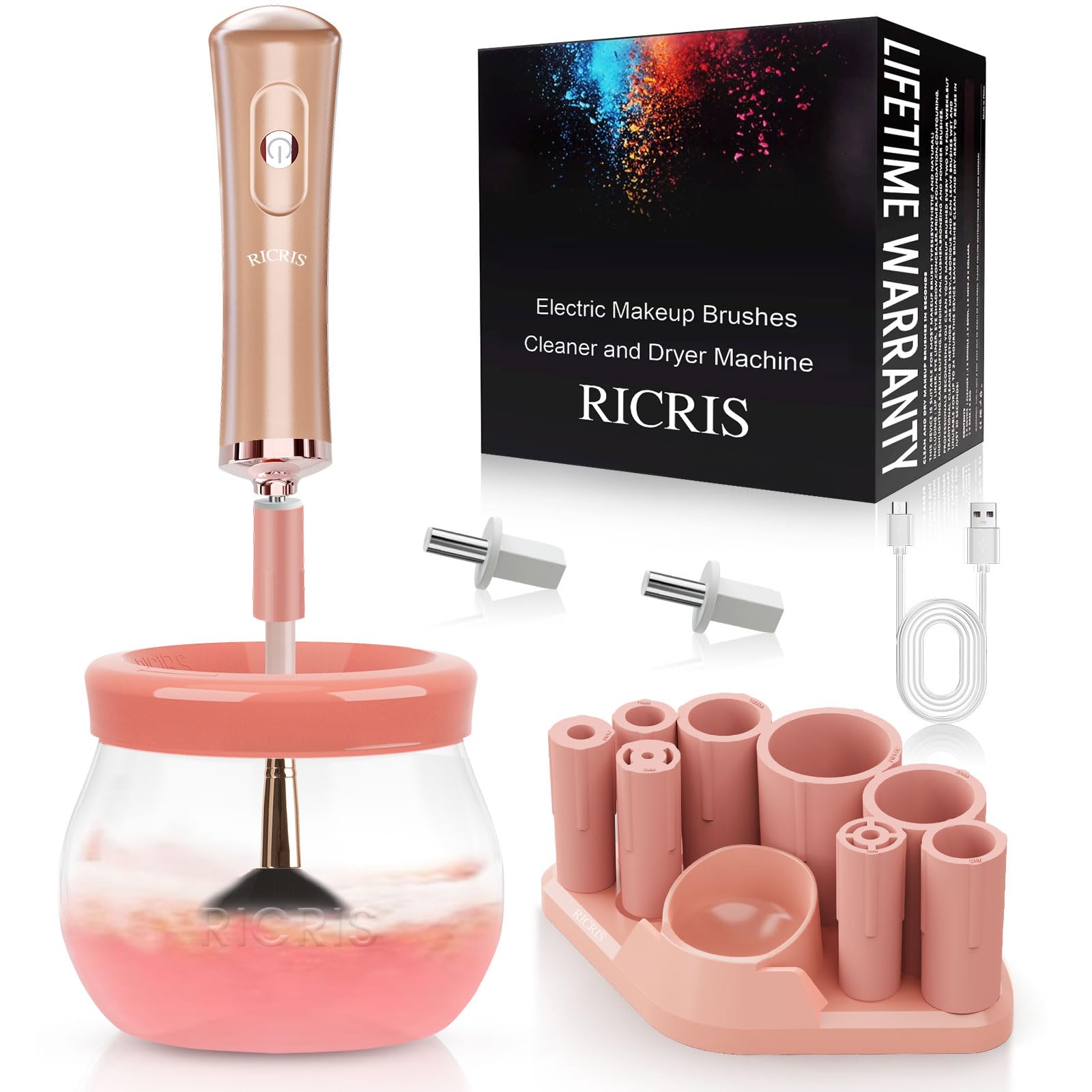 RICRIS electric makeup brush cleaner spinner front view shows fast, thorough cleaning for daily routines.