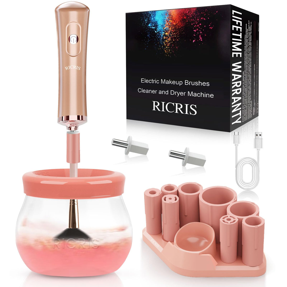 RICRIS electric makeup brush cleaner spinner front view shows fast, thorough cleaning for daily routines.