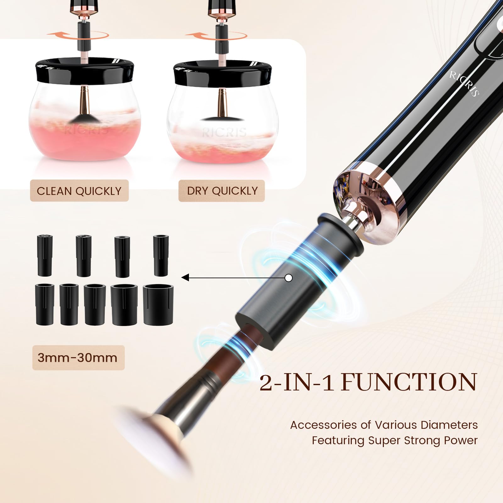 RICRIS makeup brush spinner in action demonstrates effortless cleaning and drying
