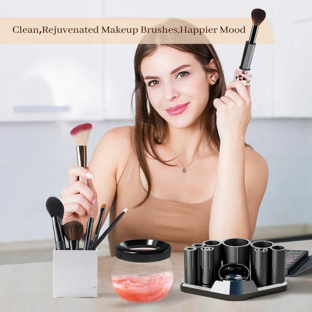 RICRIS Premium Brush Washer compact unit with storage base for busy vanity.