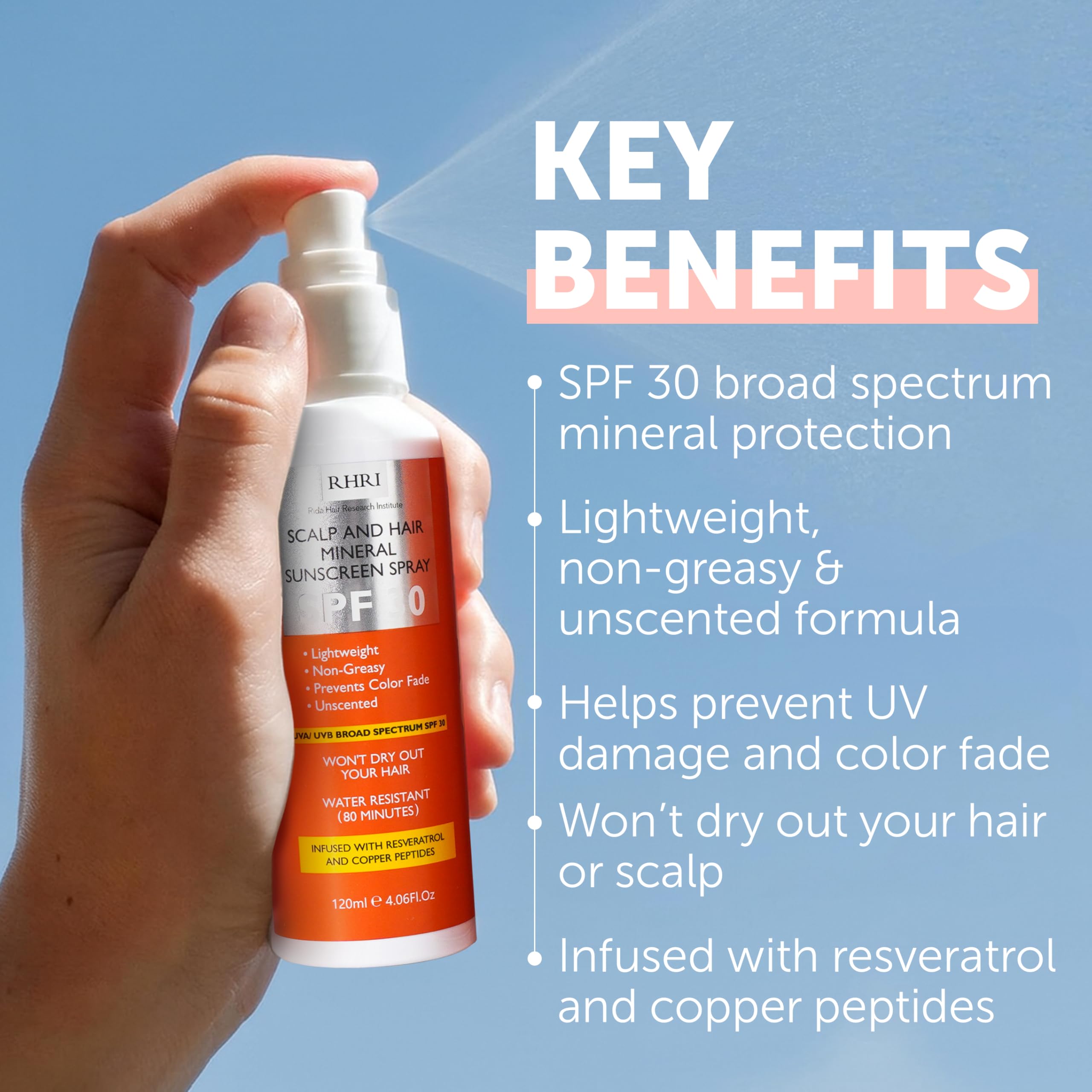 Rida Hair non-greasy dry-feel formula leaves hair lightweight after sun.