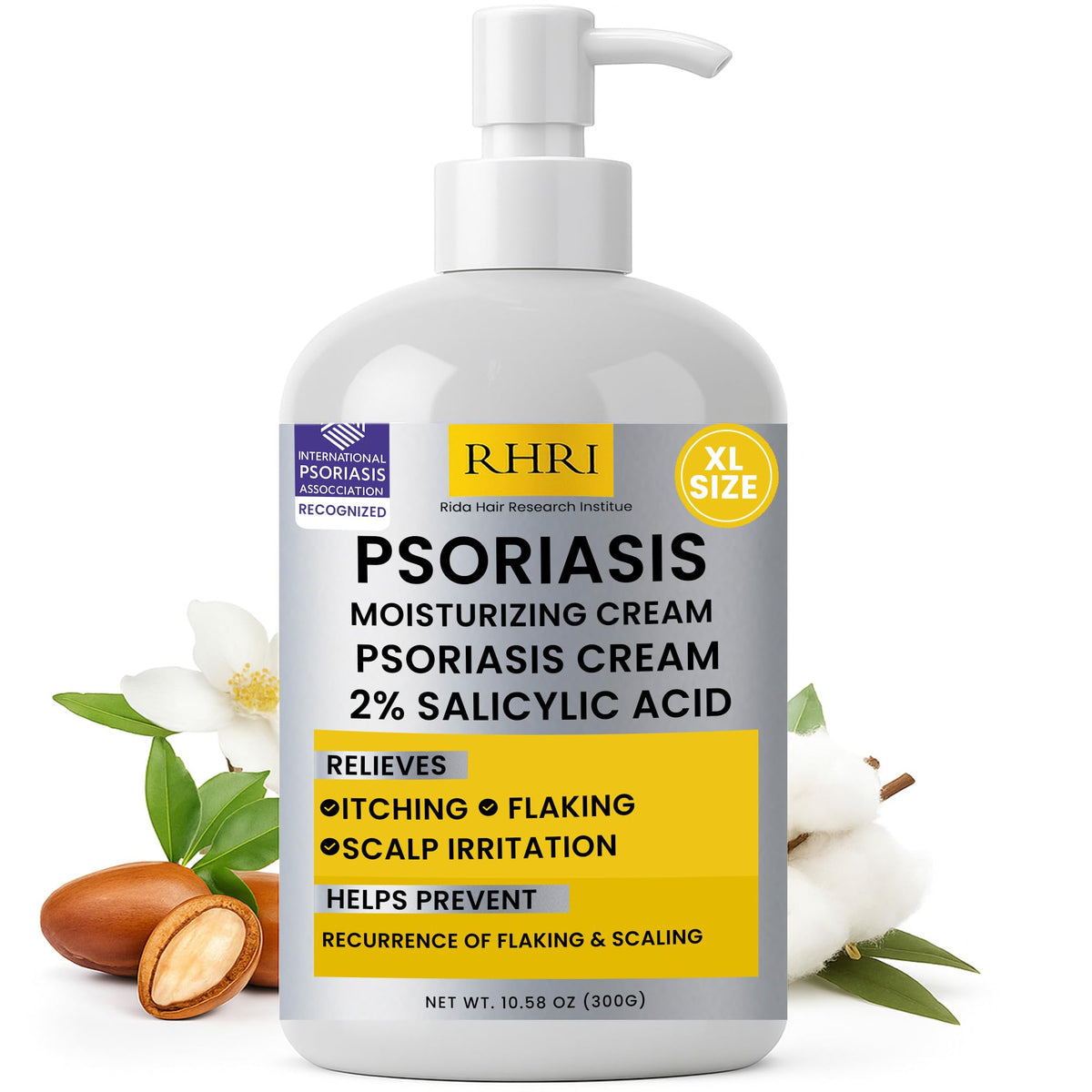 Rida Hair Psoriasis Cream tub bottle shows soothing formula for quick scalp and skin relief