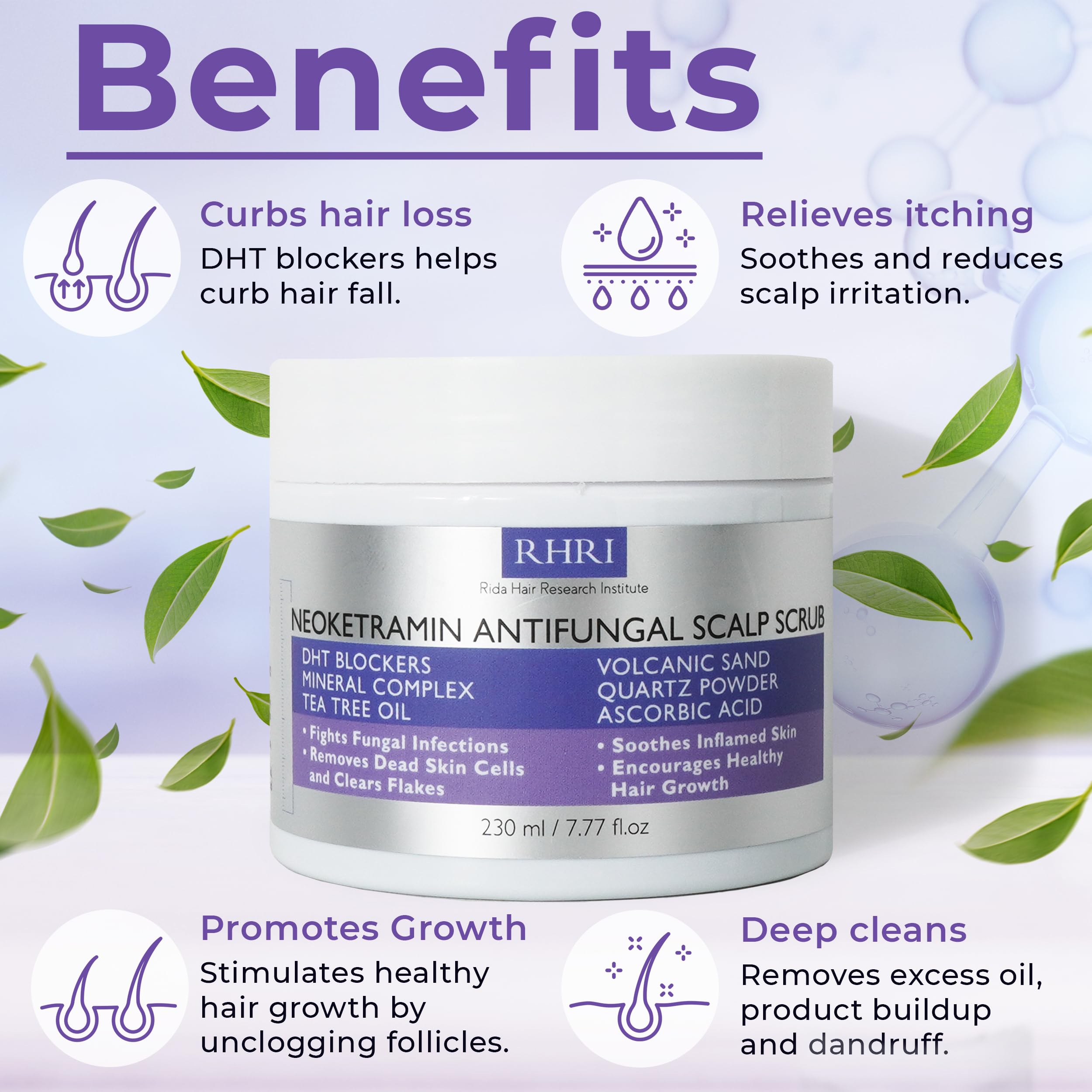 Rida anti-fungal scrub closeup label highlights mineral complex and salicylic acid benefits