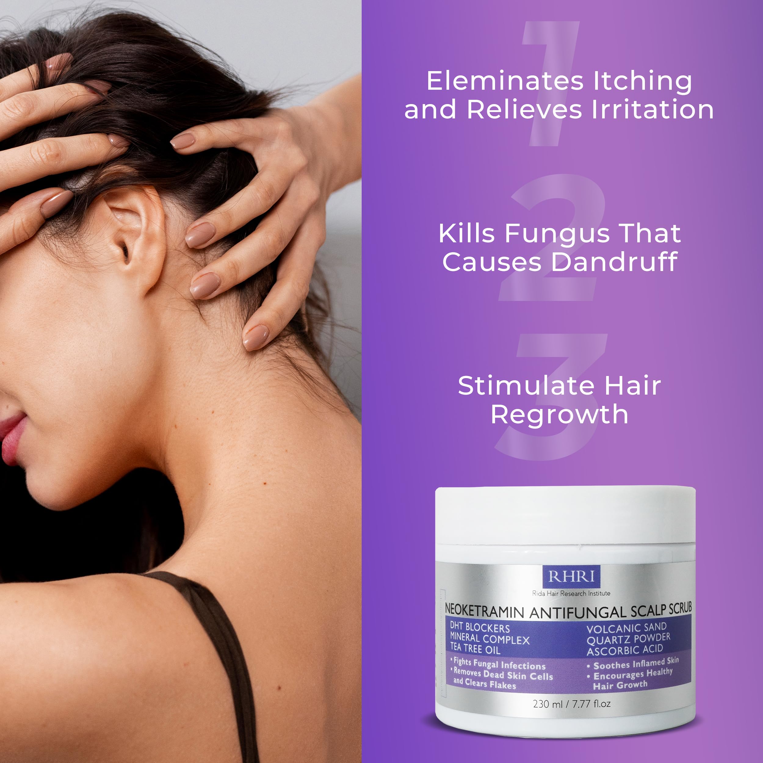 Rida anti-fungal scrub mineral complex illustration hints at nourished scalp appearance