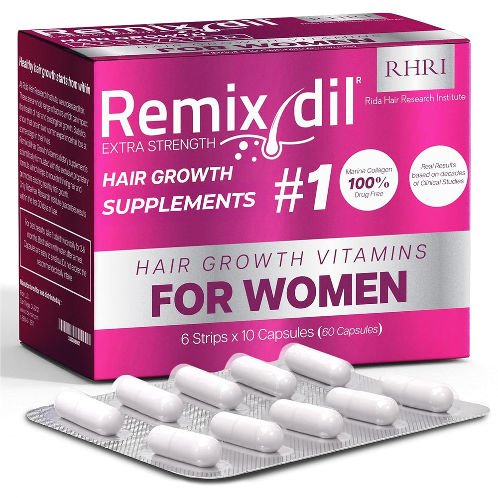 Rida Hair Research Institute hair growth vitamins bottle promoting fuller-looking hair.