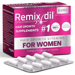 Rida Hair Research Institute hair growth vitamins bottle promoting fuller-looking hair.