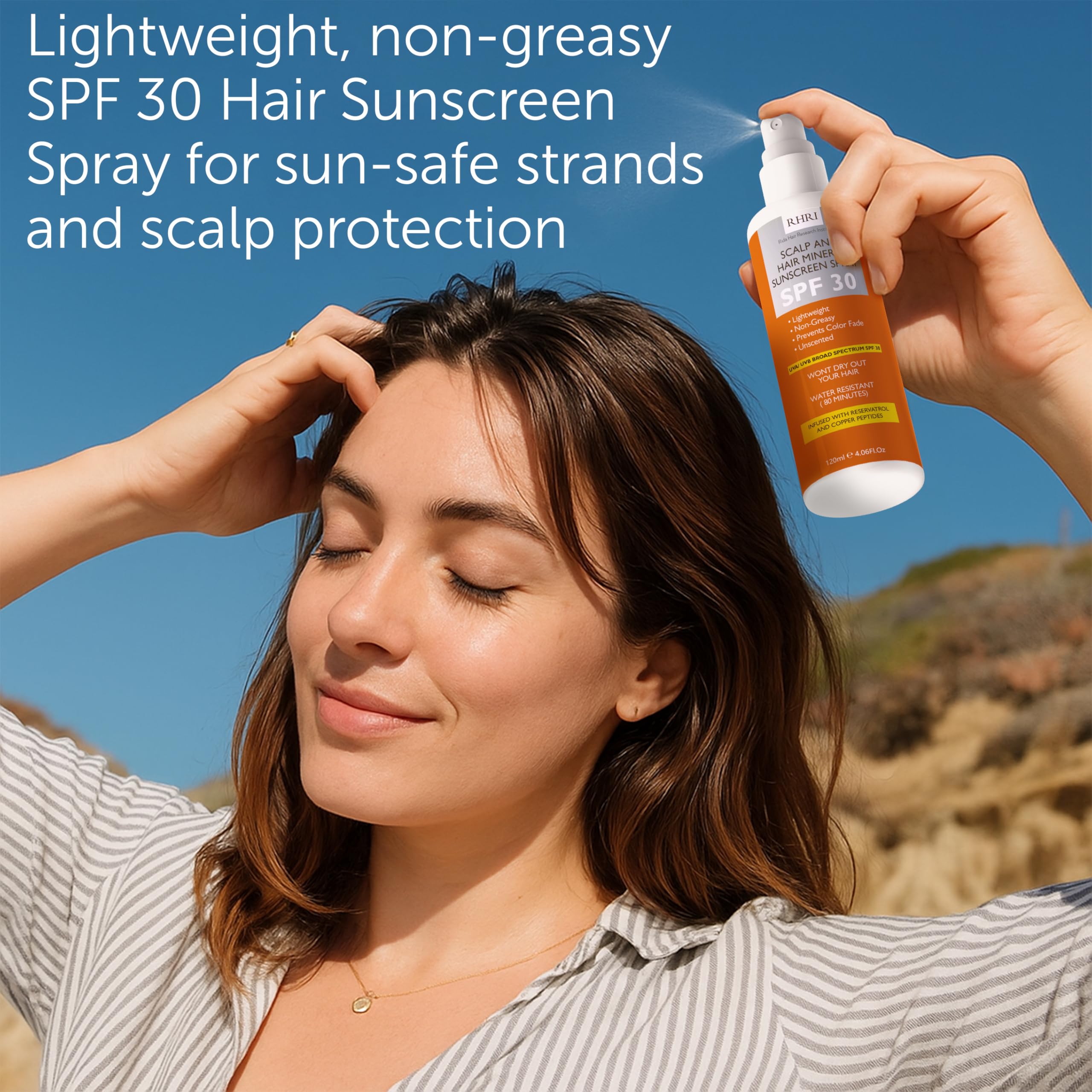 Rida Hair resveratrol copper peptides nourish hair while shielding from sun exposure.