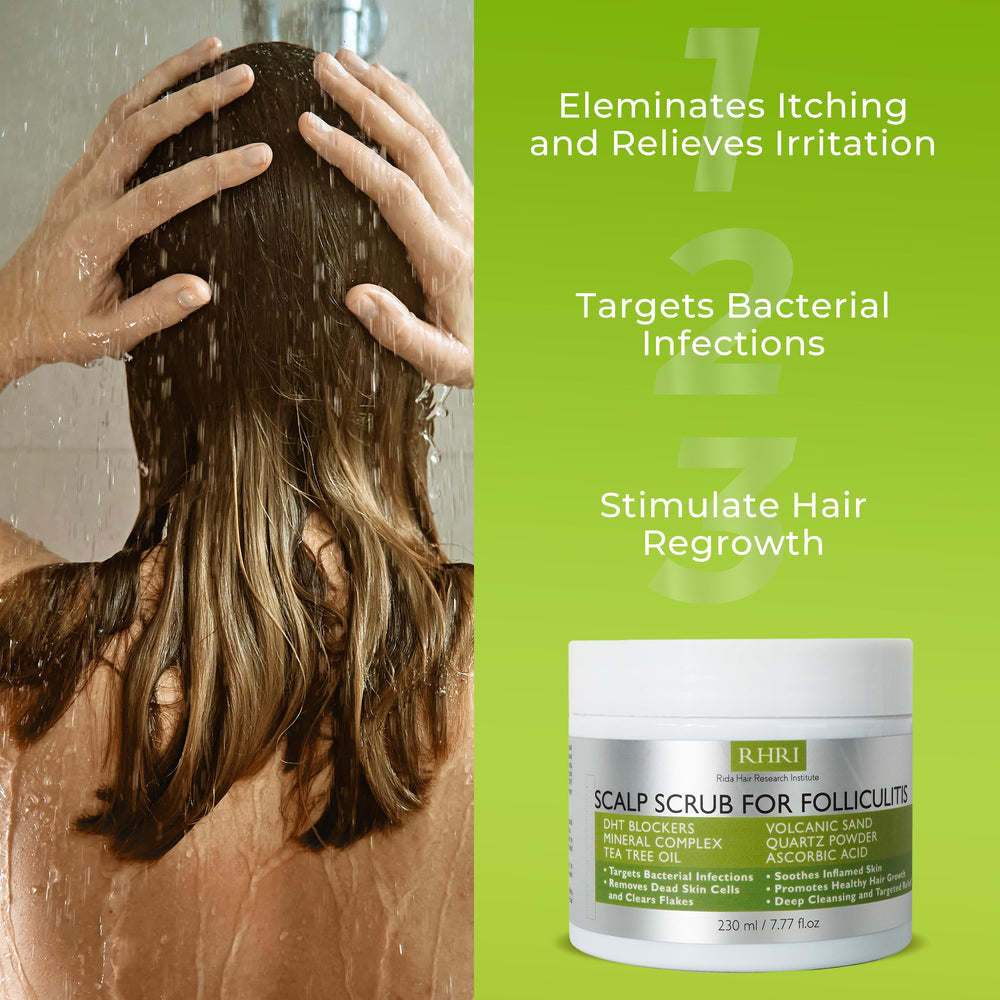 Rida Hair Scalp Scrub application on hands demonstrates easy pre-shampoo use.