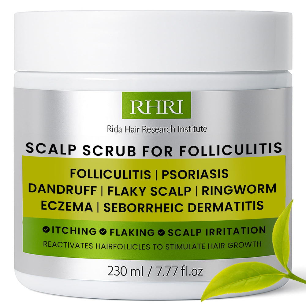 Rida Hair Scalp Scrub bottle closeup for cleansing and refreshment.