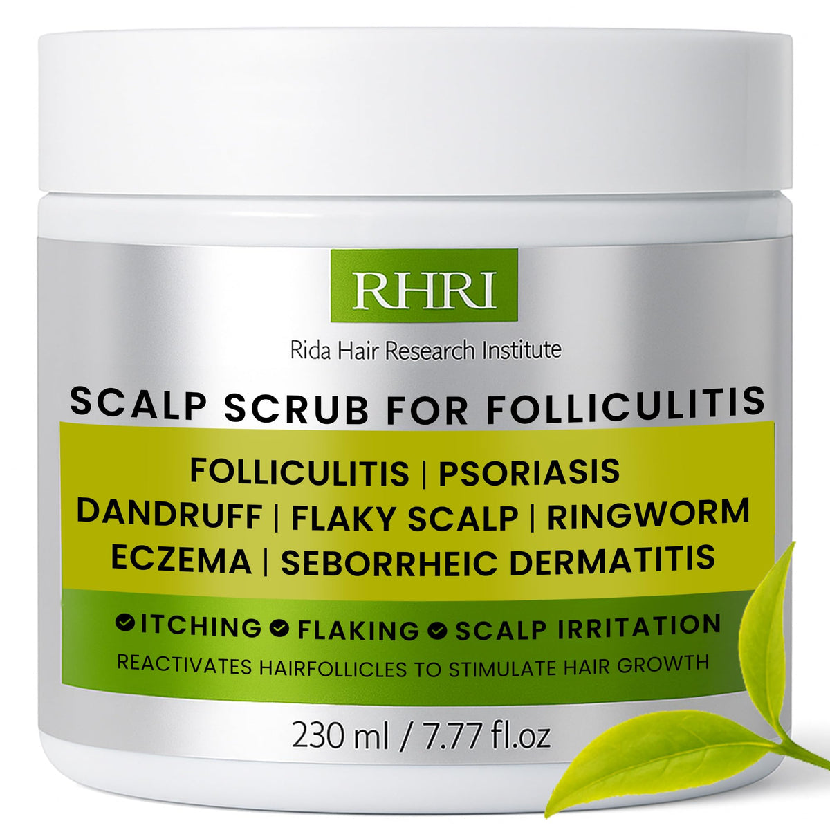 Rida Hair Scalp Scrub bottle closeup for cleansing and refreshment.