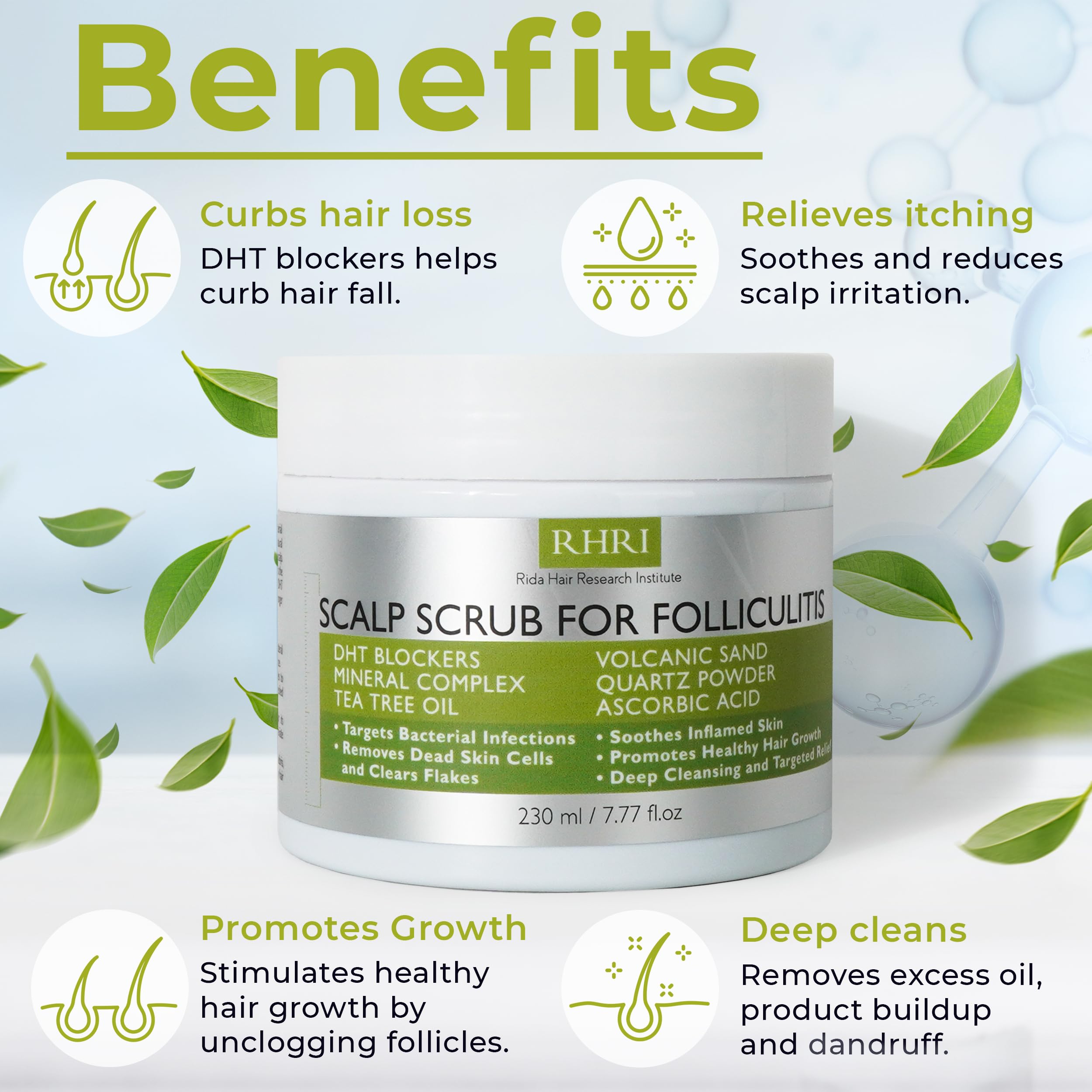 Rida Hair Scalp Scrub mineral complex glow encourages balanced moisture.