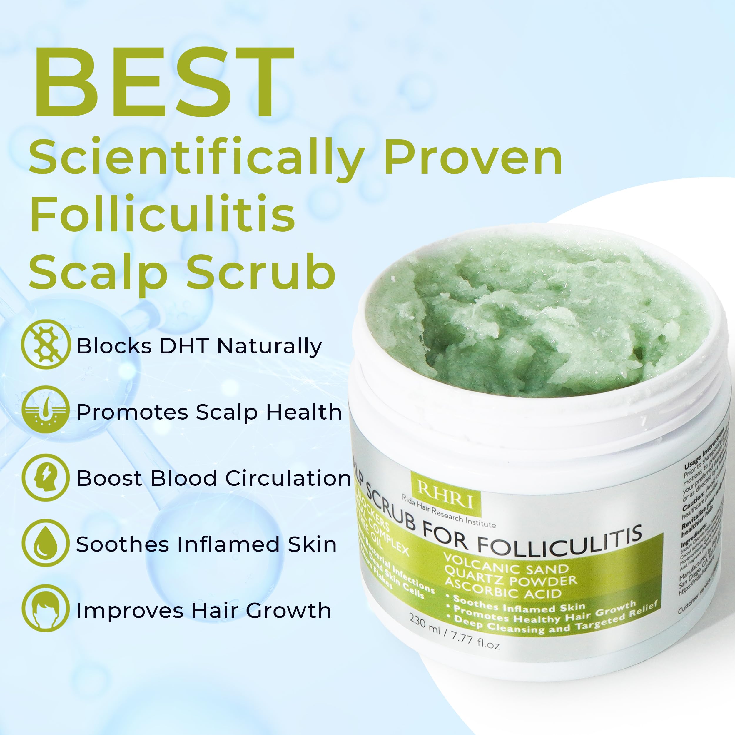 Rida Hair Scalp Scrub volcanic sand action demonstrates exfoliation and detox benefits.