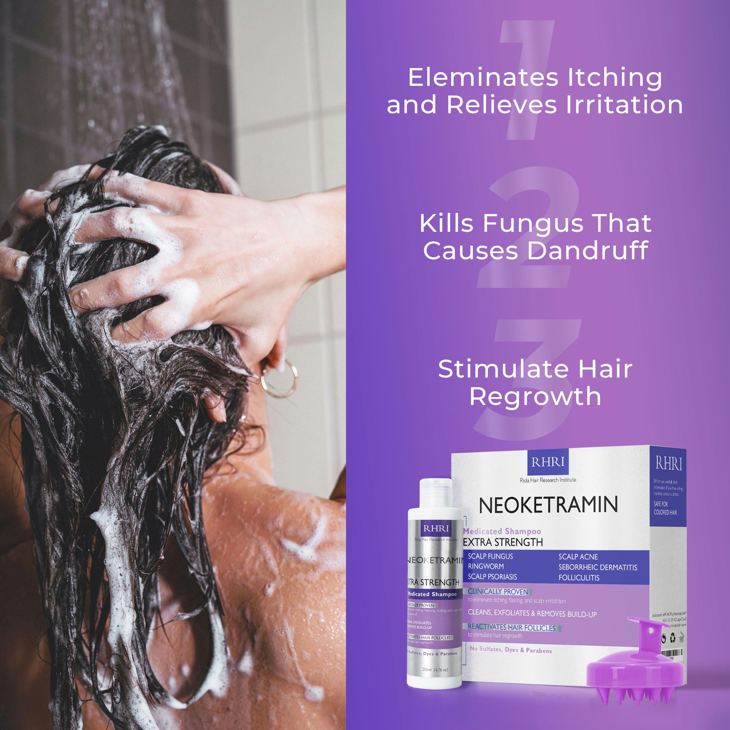 Rida Hair anti-fungal shampoo application demonstrates gentle scalp cleansing.