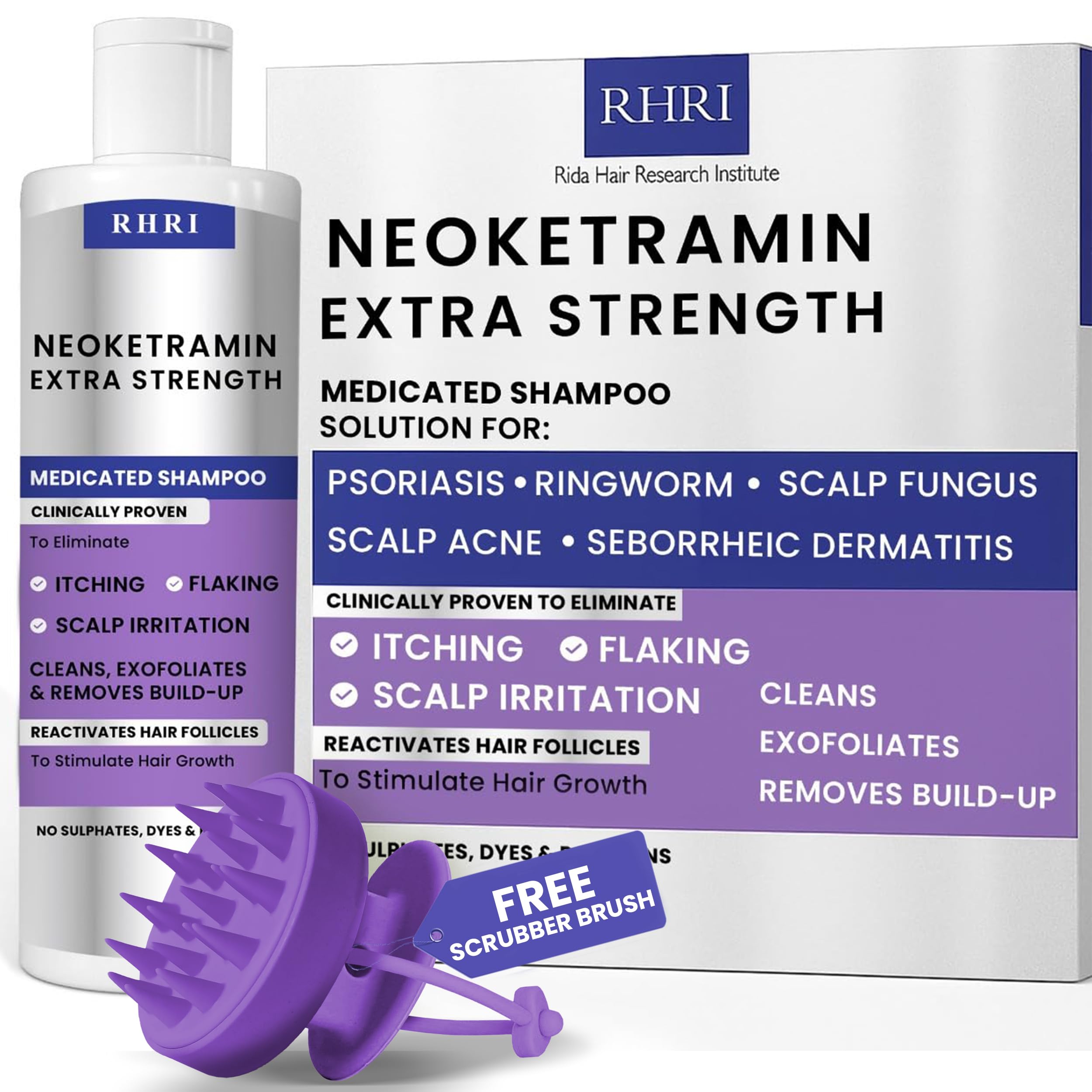 Rida Hair Research Institute anti-fungal shampoo bottle promotes dandruff relief.