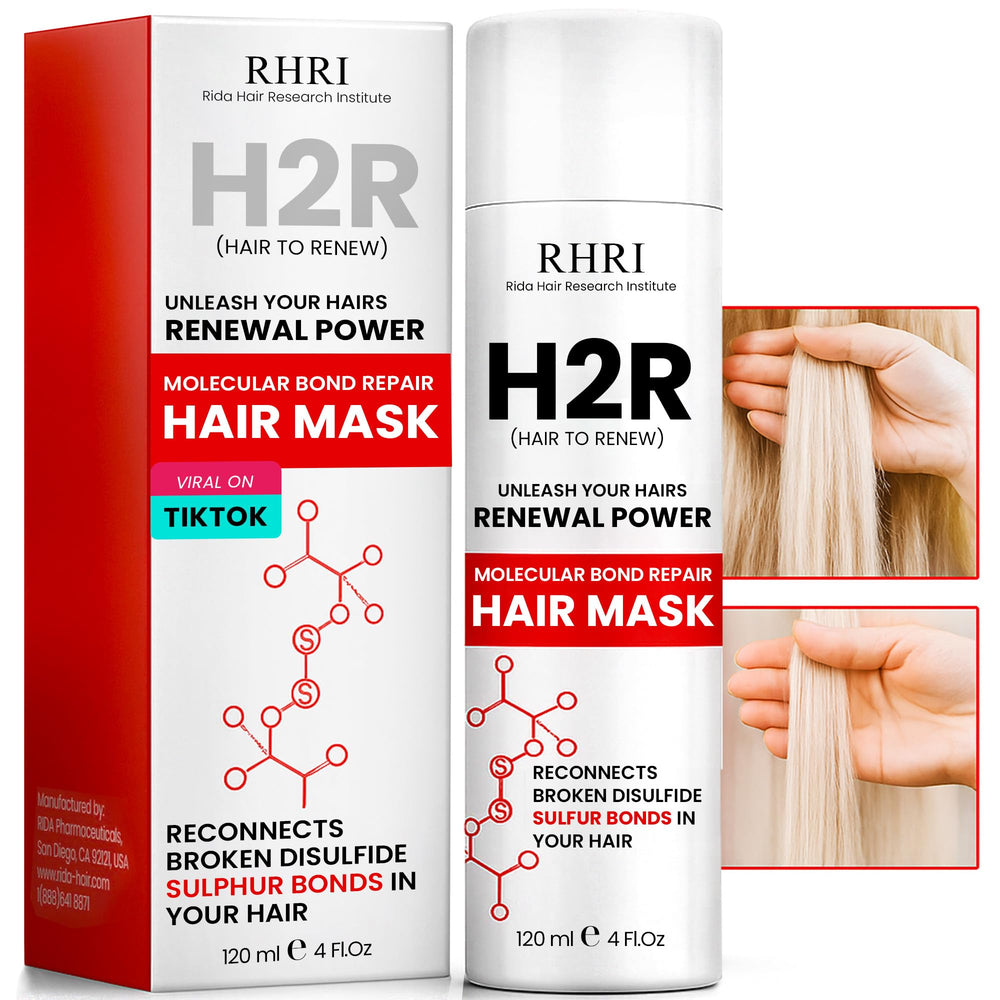 Rida Hair Research Institute hair mask bottle close-up showing advanced molecular repair benefits.