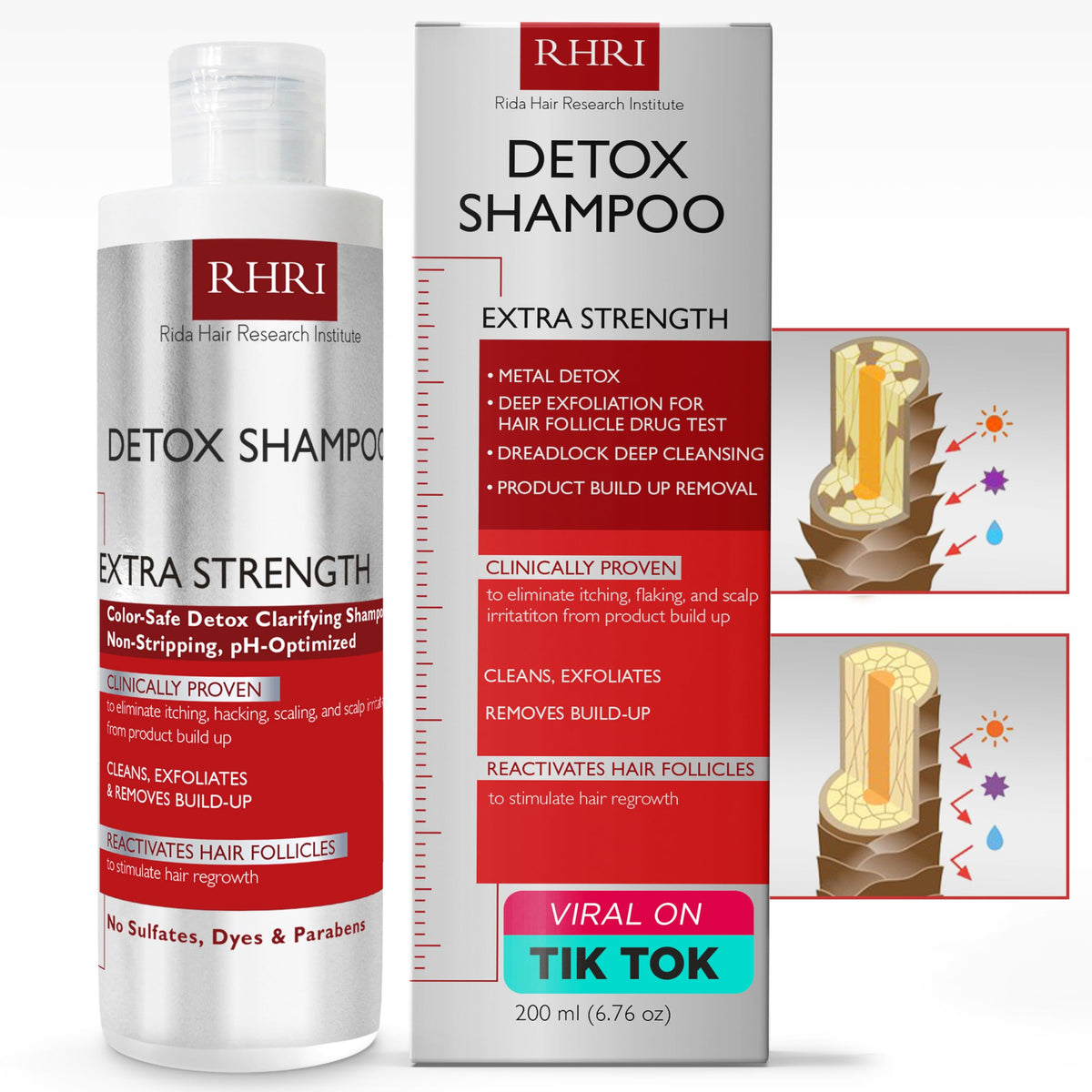 Rida Hair Research Institute Detox Shampoo bottle shows deep cleansing for refreshed scalp and hair