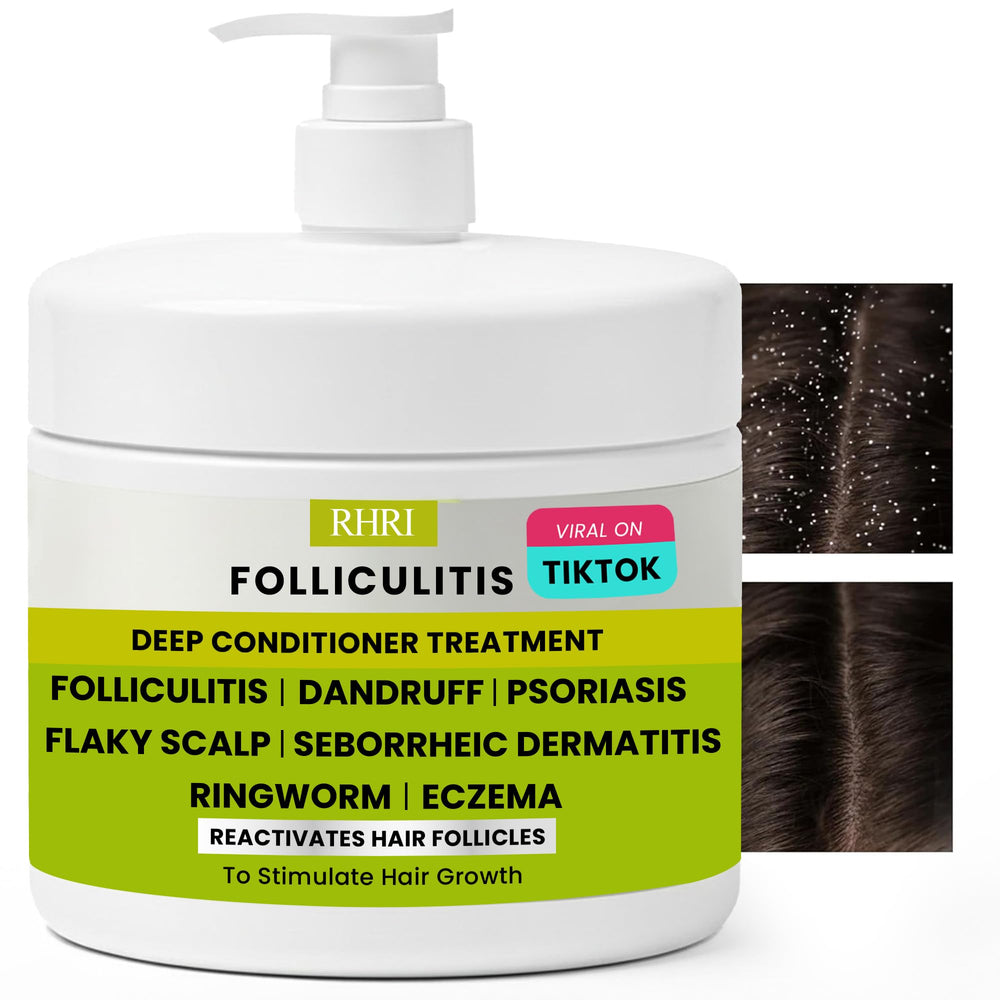 Rida Hair Research Institute Folliculitis Deep Conditioner bottle calms irritated scalp.