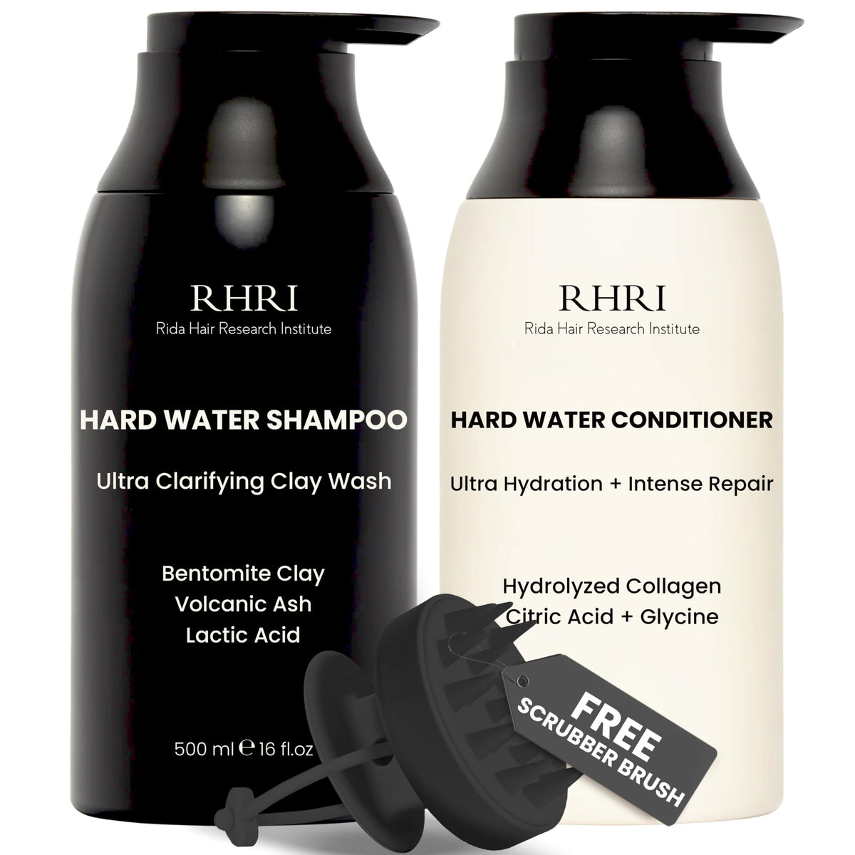 Rida Hair Research Institute hard water shampoo with bentonite clay clarifying mineral buildup removal.