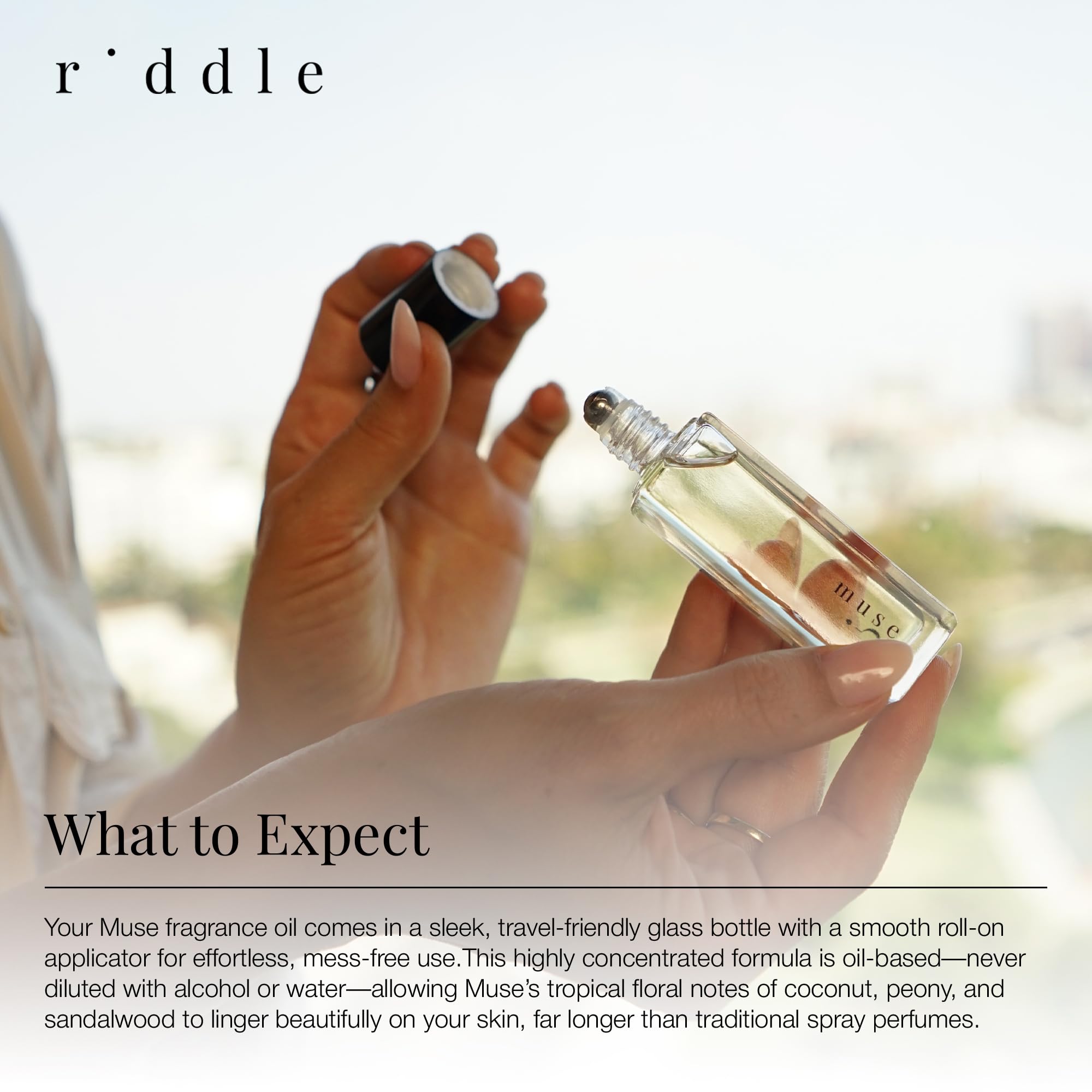 Riddle Oil Muse Roll-On note-profile highlights coconut, peony, magnolia notes